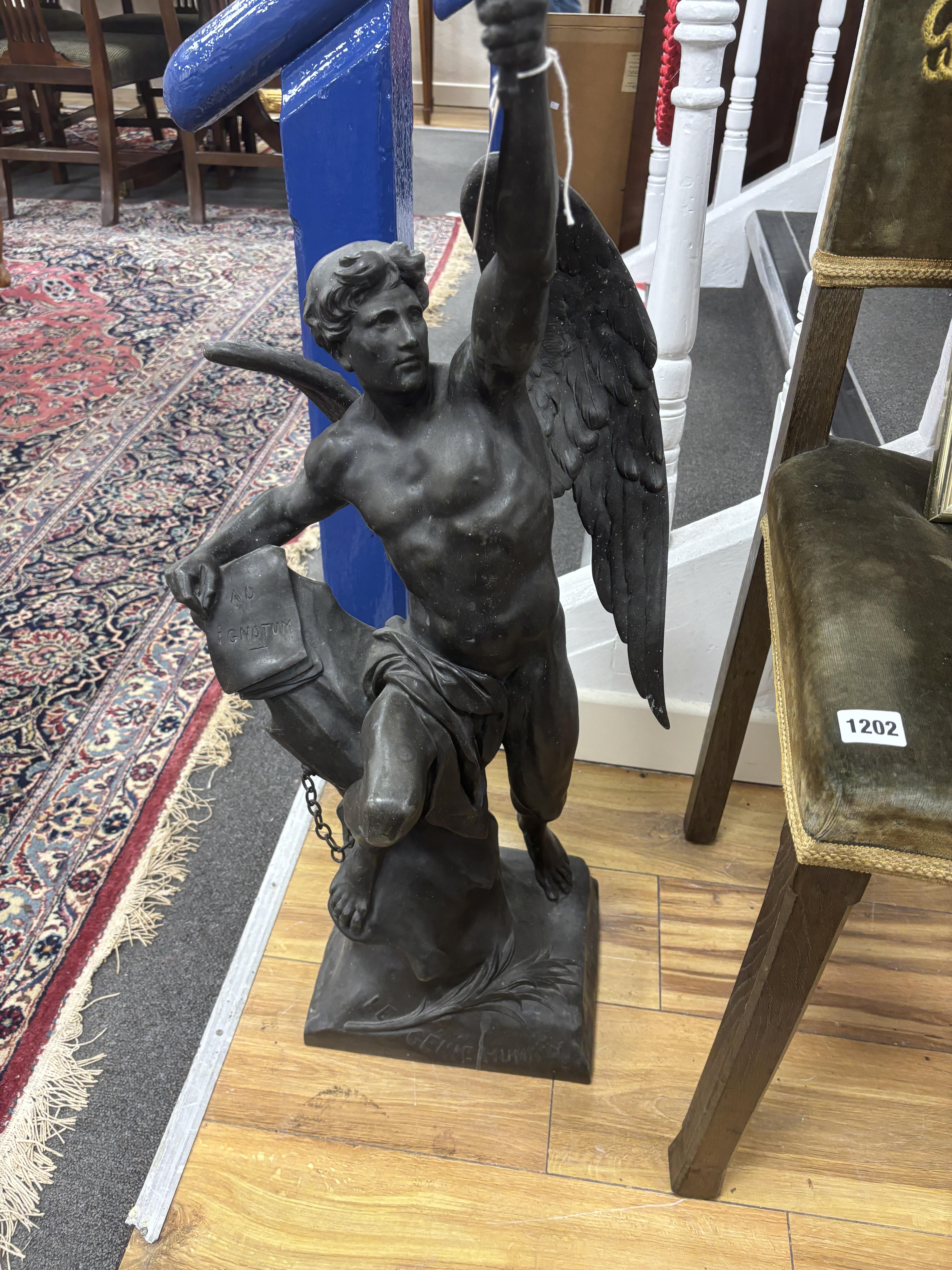 A large spelter angel torchere, with flame glass shade 109cm high